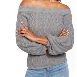 Soho Gray Off-the-Shoulder Cable Knit Sweater